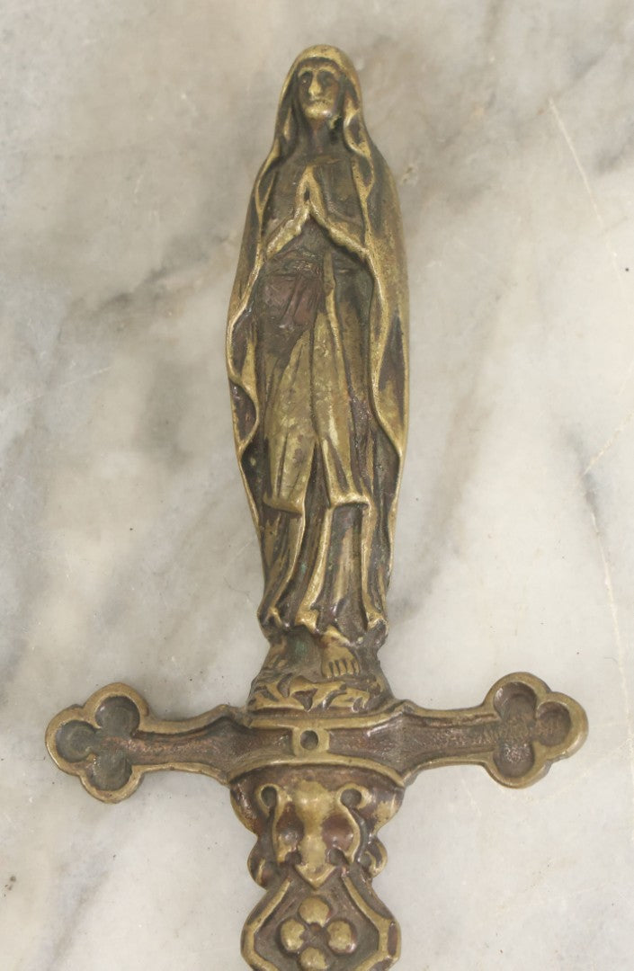 Lot 099 - Antique Cast Metal Sword Dagger Letter Opener With Praying Nun, Virgin Mary Finial