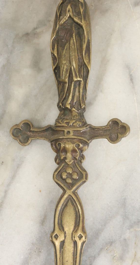 Lot 099 - Antique Cast Metal Sword Dagger Letter Opener With Praying Nun, Virgin Mary Finial