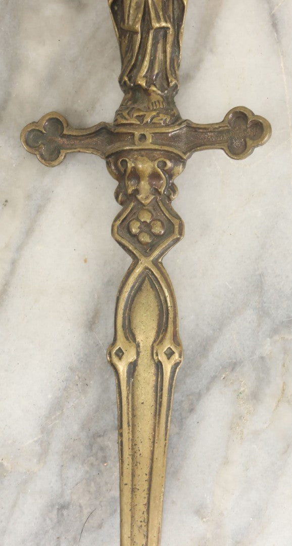 Lot 099 - Antique Cast Metal Sword Dagger Letter Opener With Praying Nun, Virgin Mary Finial