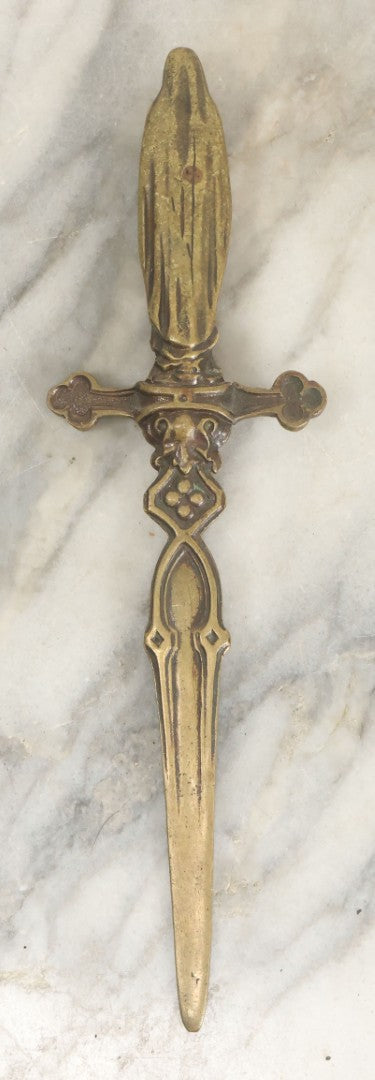 Lot 099 - Antique Cast Metal Sword Dagger Letter Opener With Praying Nun, Virgin Mary Finial