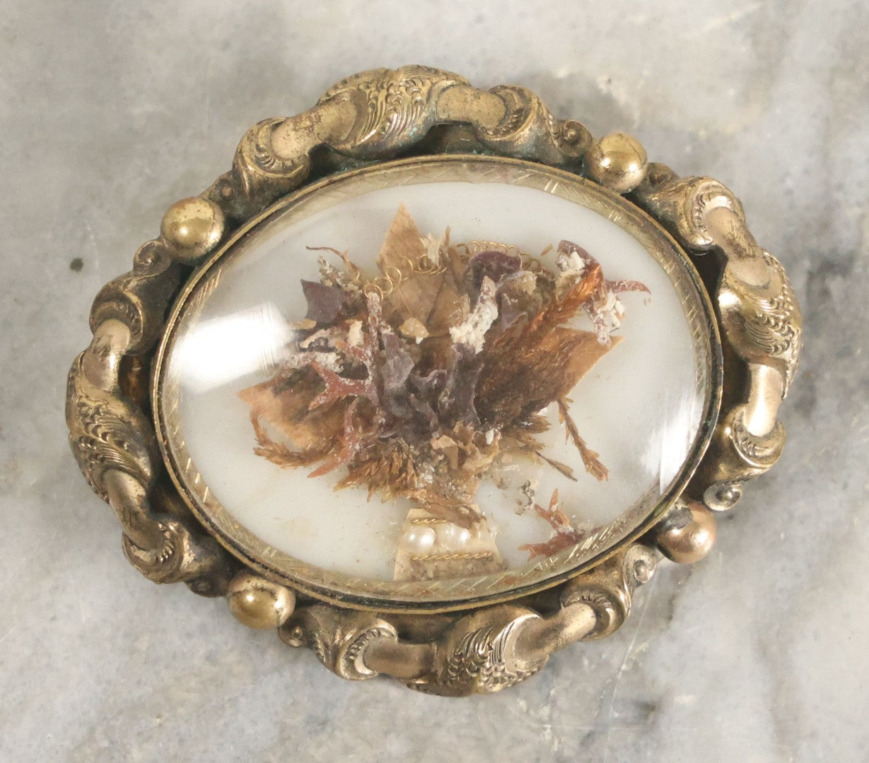 Lot 103 - Antique Victorian Seaweed Work Domed Glass Cabochon Brooch With Gold Toned Metal, Note Loose Bits Inside Dome