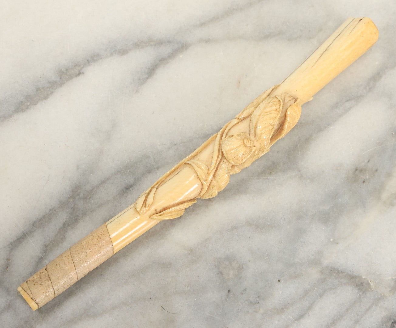 Lot 104 - Antique Carved Bone Floral Design Parasol Umbrella Cane Handle