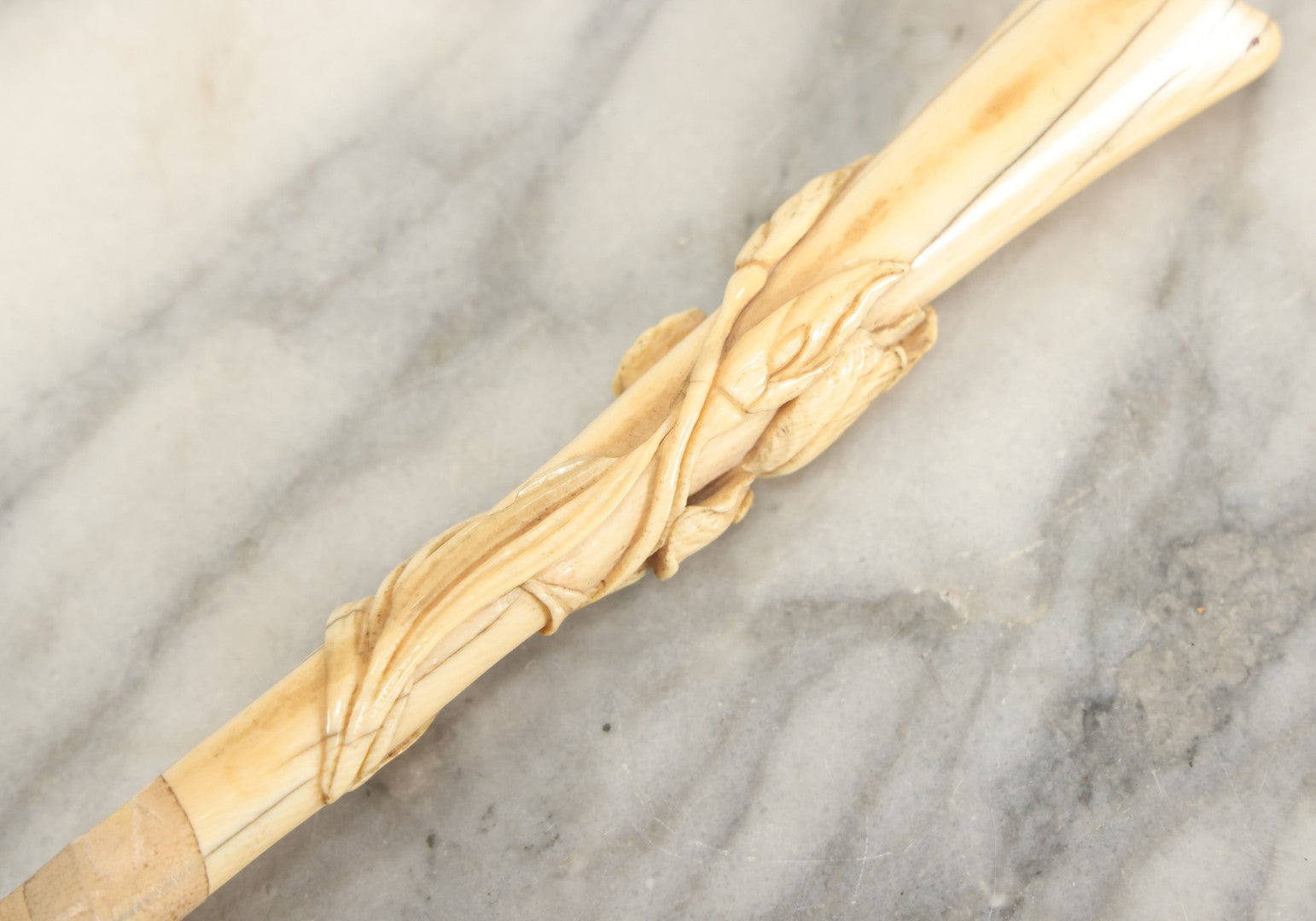 Lot 104 - Antique Carved Bone Floral Design Parasol Umbrella Cane Handle
