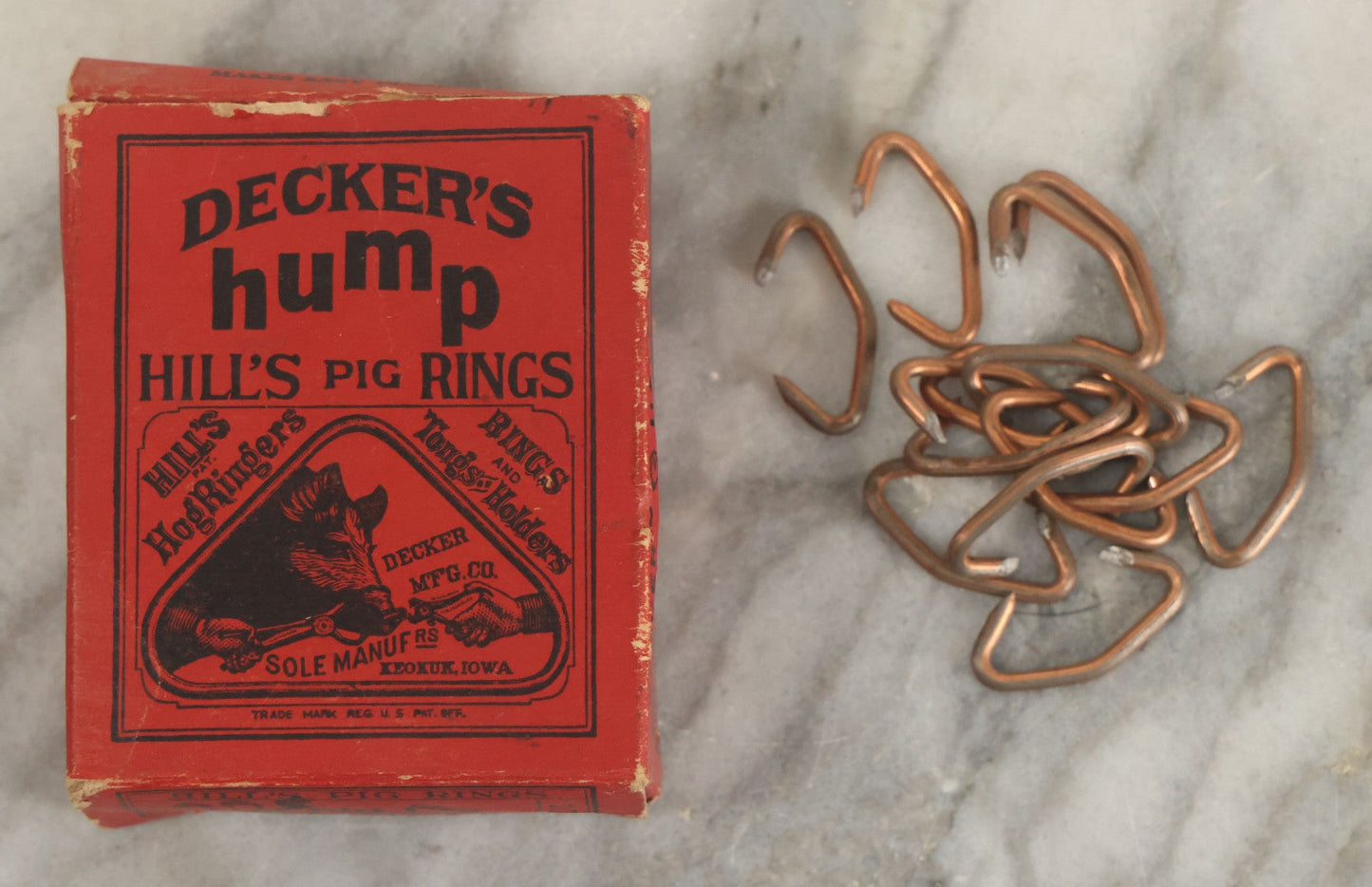 Lot 106 - Vintage Decker's Hump Hill's Copper Pig Nose Rings, No. 1, In Original Advertising Box With Contents, Keokuk, Iowa
