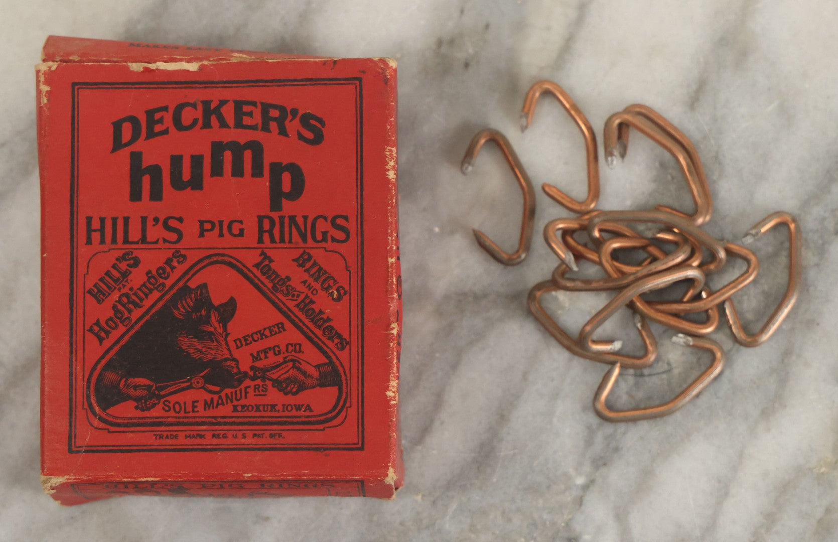 Lot 106 - Vintage Decker's Hump Hill's Copper Pig Nose Rings, No. 1, In Original Advertising Box With Contents, Keokuk, Iowa