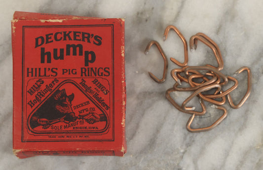 Lot 106 - Vintage Decker's Hump Hill's Copper Pig Nose Rings, No. 1, In Original Advertising Box With Contents, Keokuk, Iowa