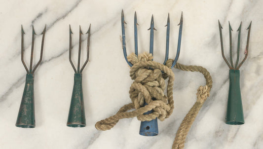 Lot 108 - Grouping Of Four Vintage Eel And Frog Gig Spear Forks, Three Blue, And One Green With Rope, Green Ones Marked Pflueger Ecko, Made In U.S.A.