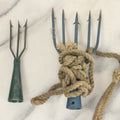Lot 108 - Grouping Of Four Vintage Eel And Frog Gig Spear Forks, Three Blue, And One Green With Rope, Green Ones Marked Pflueger Ecko, Made In U.S.A.