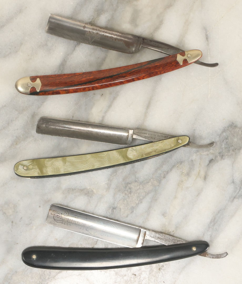 Lot 109 - Grouping Of Three Vintage Straight Shaving Razors Including Keenkutter With Wood Grain Handle, Blue Grass With Black Handle, And Western States Cutlery Co. With Green Handle