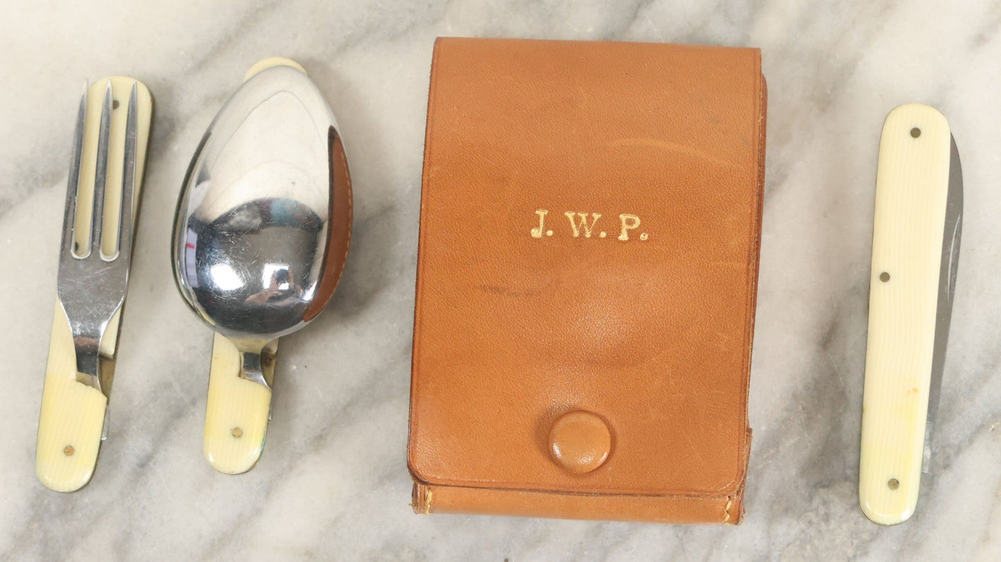 Lot 111 - Vintage Leather Travel Pouch With Three Pieces Of Folding Cutlery, J.P. Monogram