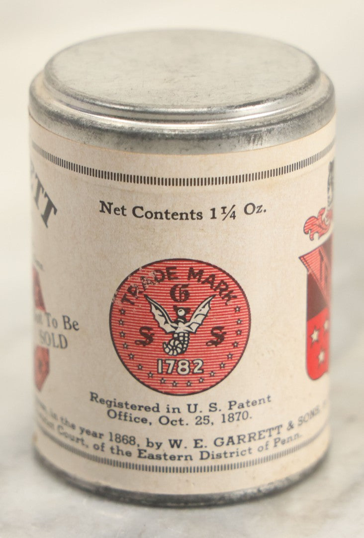 Lot 112 - Antique W.E. Garrett & Sons Sealed Snuff Sample Jar Tin With Paper Label, 1-1/4" Ounces, Philadelphia, Pennsylvania