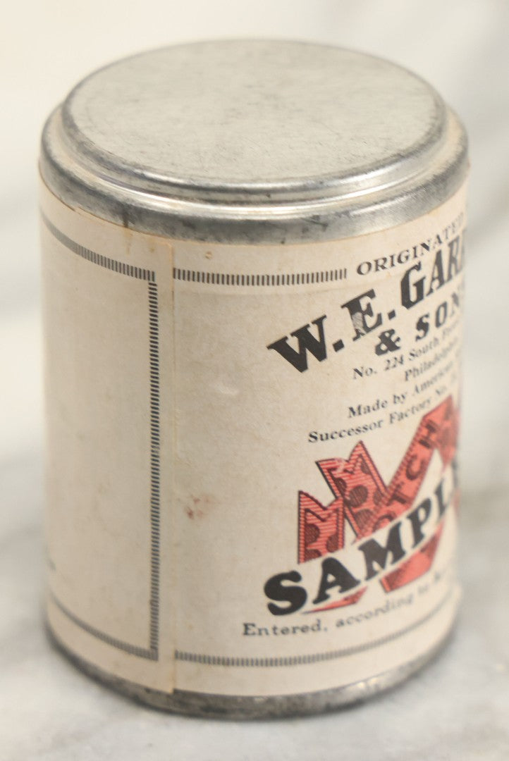 Lot 112 - Antique W.E. Garrett & Sons Sealed Snuff Sample Jar Tin With Paper Label, 1-1/4" Ounces, Philadelphia, Pennsylvania