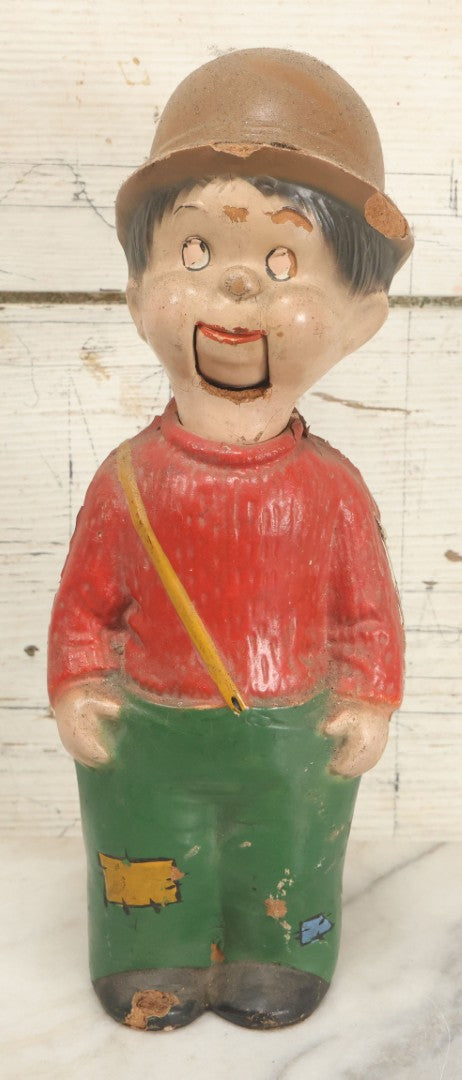 Lot 119 - Vintage Hobo With Red Sweater, Patched Green Pants Composition Doll Toy Ventriloquist Dummy, Note Mouth Does Not Work