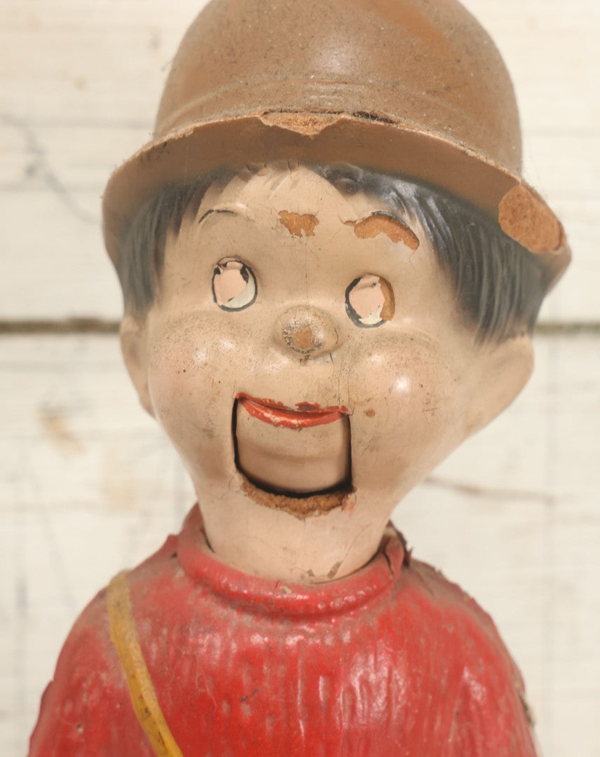 Lot 119 - Vintage Hobo With Red Sweater, Patched Green Pants Composition Doll Toy Ventriloquist Dummy, Note Mouth Does Not Work