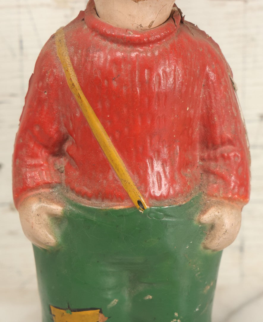 Lot 119 - Vintage Hobo With Red Sweater, Patched Green Pants Composition Doll Toy Ventriloquist Dummy, Note Mouth Does Not Work