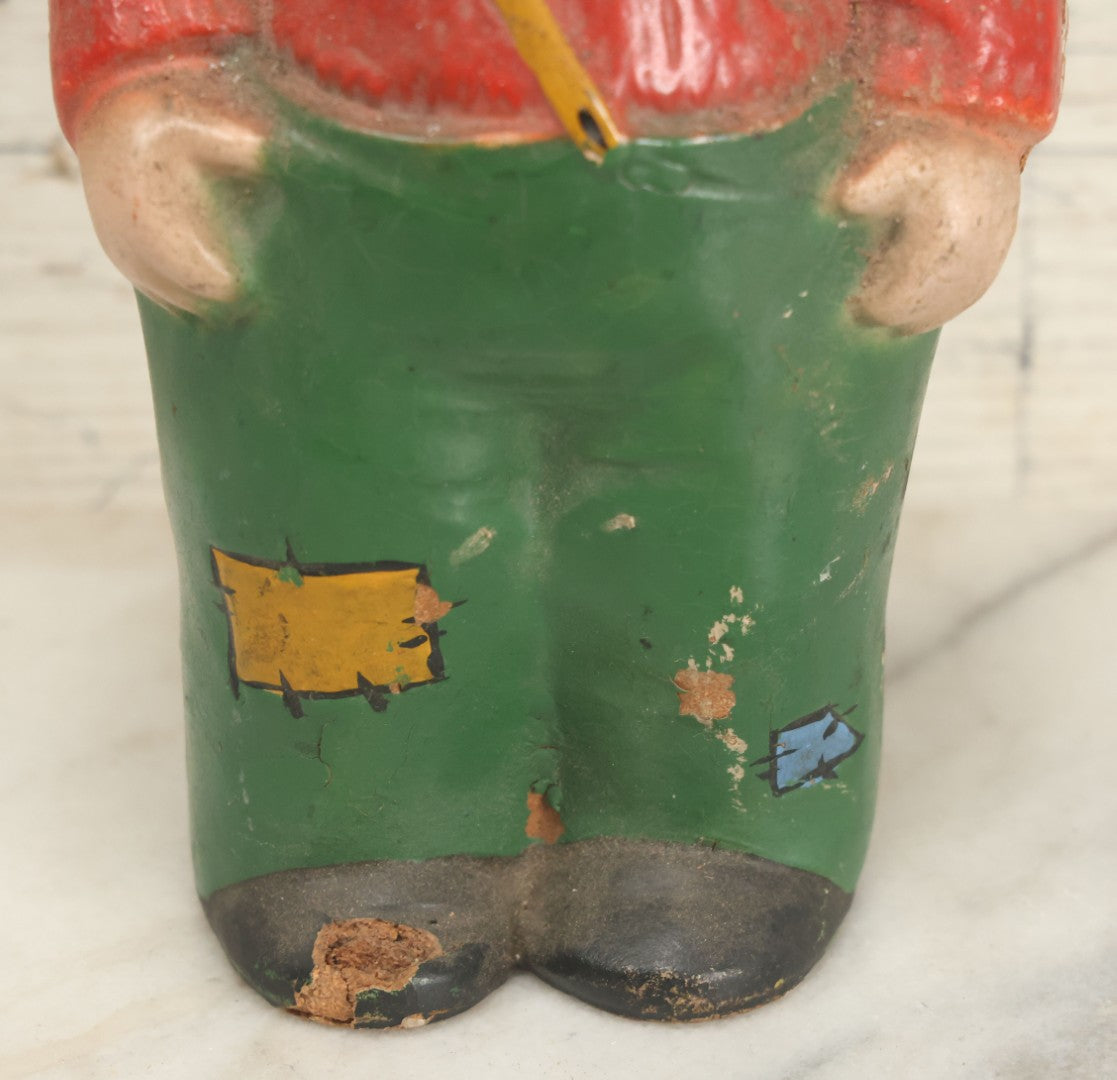 Lot 119 - Vintage Hobo With Red Sweater, Patched Green Pants Composition Doll Toy Ventriloquist Dummy, Note Mouth Does Not Work