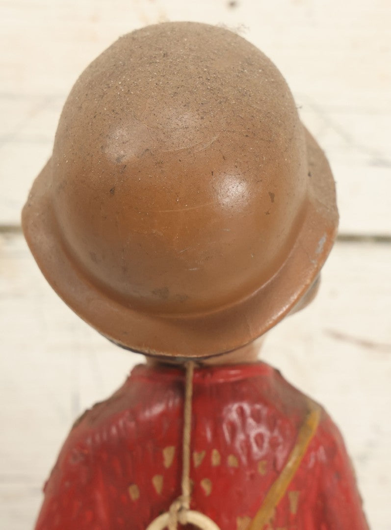 Lot 119 - Vintage Hobo With Red Sweater, Patched Green Pants Composition Doll Toy Ventriloquist Dummy, Note Mouth Does Not Work