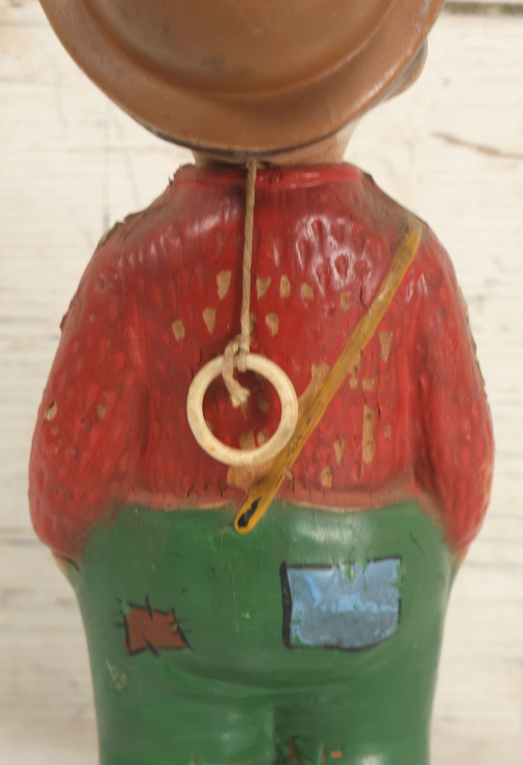 Lot 119 - Vintage Hobo With Red Sweater, Patched Green Pants Composition Doll Toy Ventriloquist Dummy, Note Mouth Does Not Work