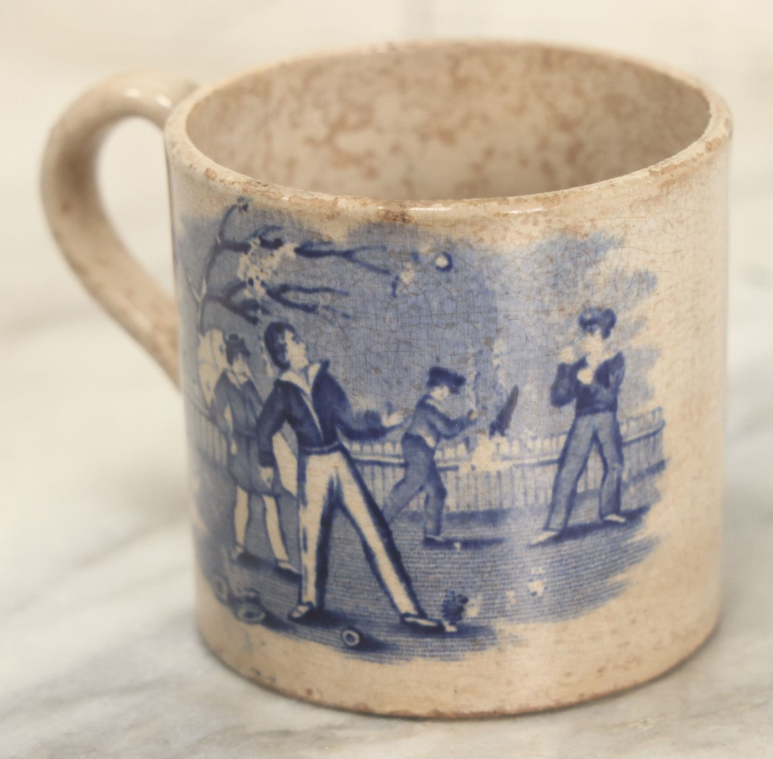 Lot 126 - Antique Transferware Mug With Scene Of Boys Fighting, Family At Home