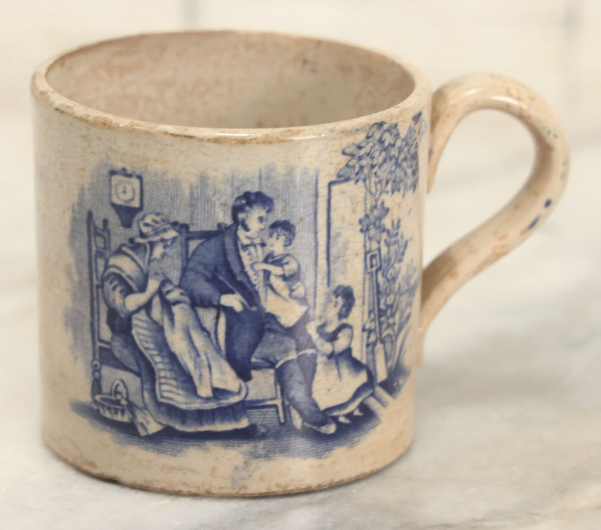 Lot 126 - Antique Transferware Mug With Scene Of Boys Fighting, Family At Home