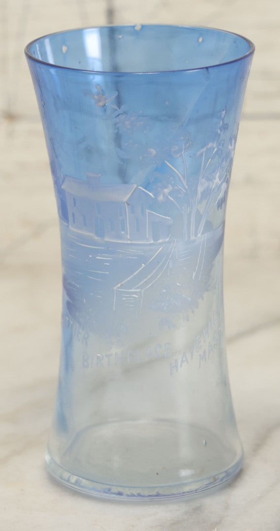 Lot 127 - Antique Mary Gregory Style Painted Blue Glass Drinking Cup, Souvenir Of Haverhill, Massachusetts, Birthplace Of John Greenleaf Whittier