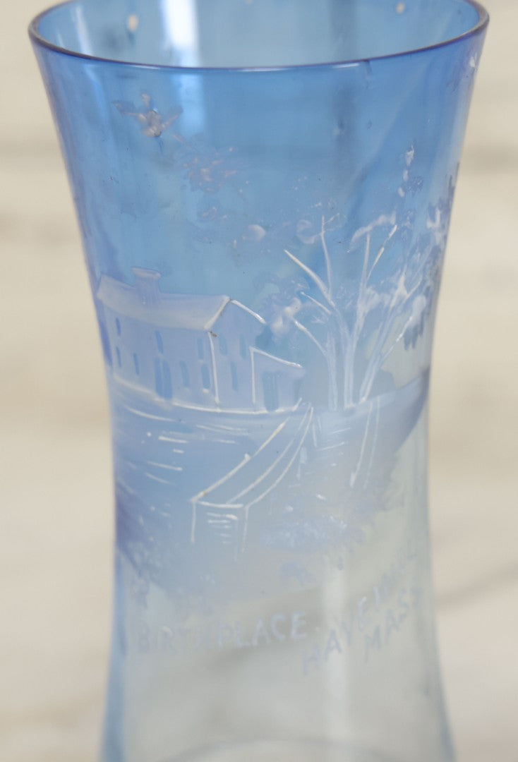 Lot 127 - Antique Mary Gregory Style Painted Blue Glass Drinking Cup, Souvenir Of Haverhill, Massachusetts, Birthplace Of John Greenleaf Whittier