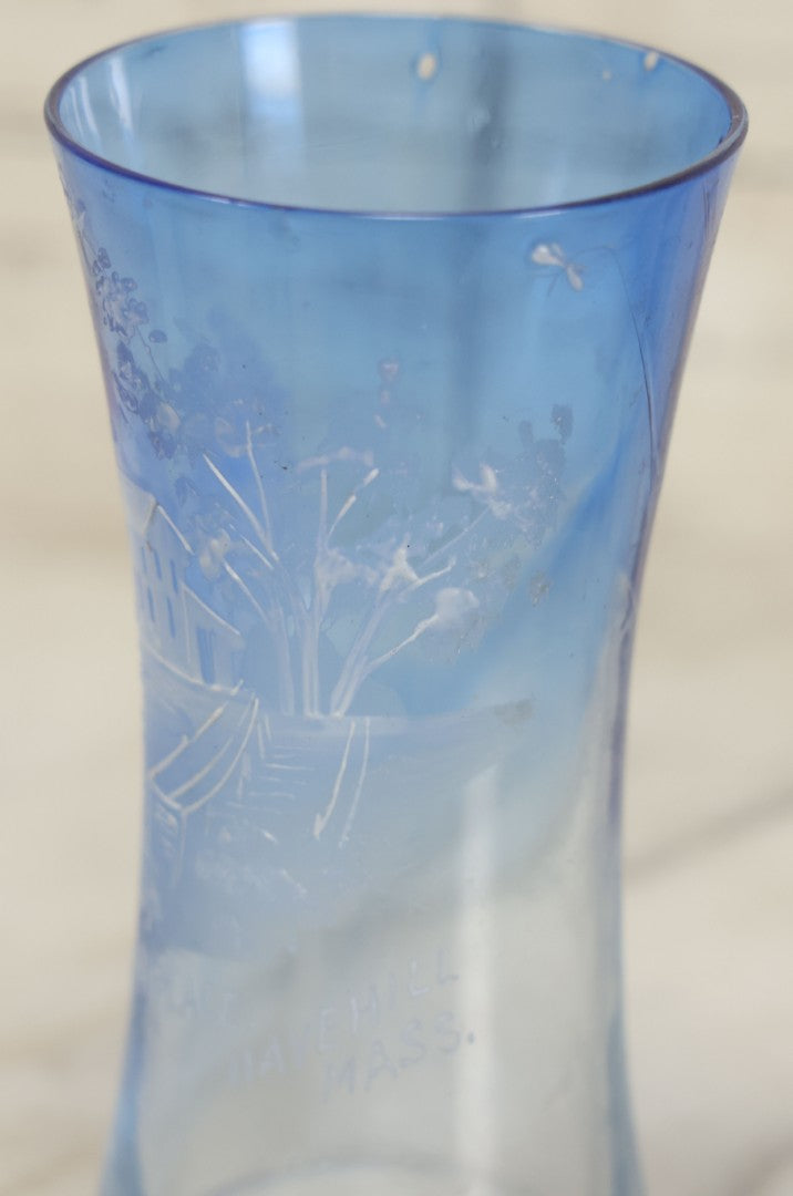 Lot 127 - Antique Mary Gregory Style Painted Blue Glass Drinking Cup, Souvenir Of Haverhill, Massachusetts, Birthplace Of John Greenleaf Whittier