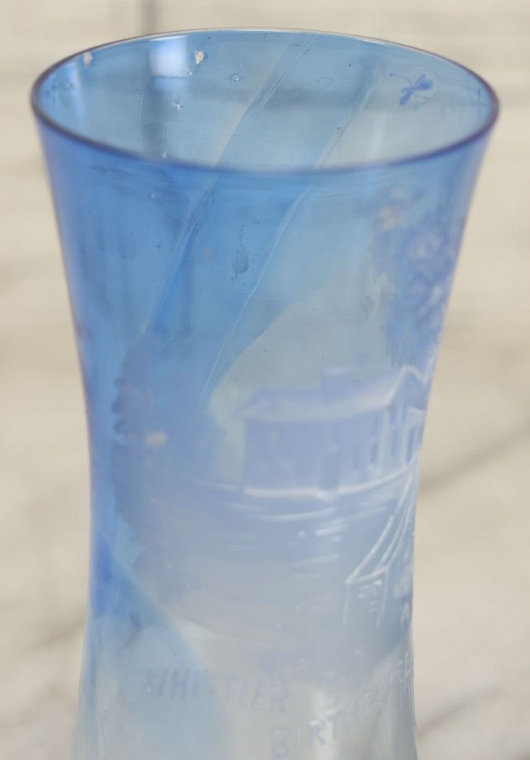 Lot 127 - Antique Mary Gregory Style Painted Blue Glass Drinking Cup, Souvenir Of Haverhill, Massachusetts, Birthplace Of John Greenleaf Whittier