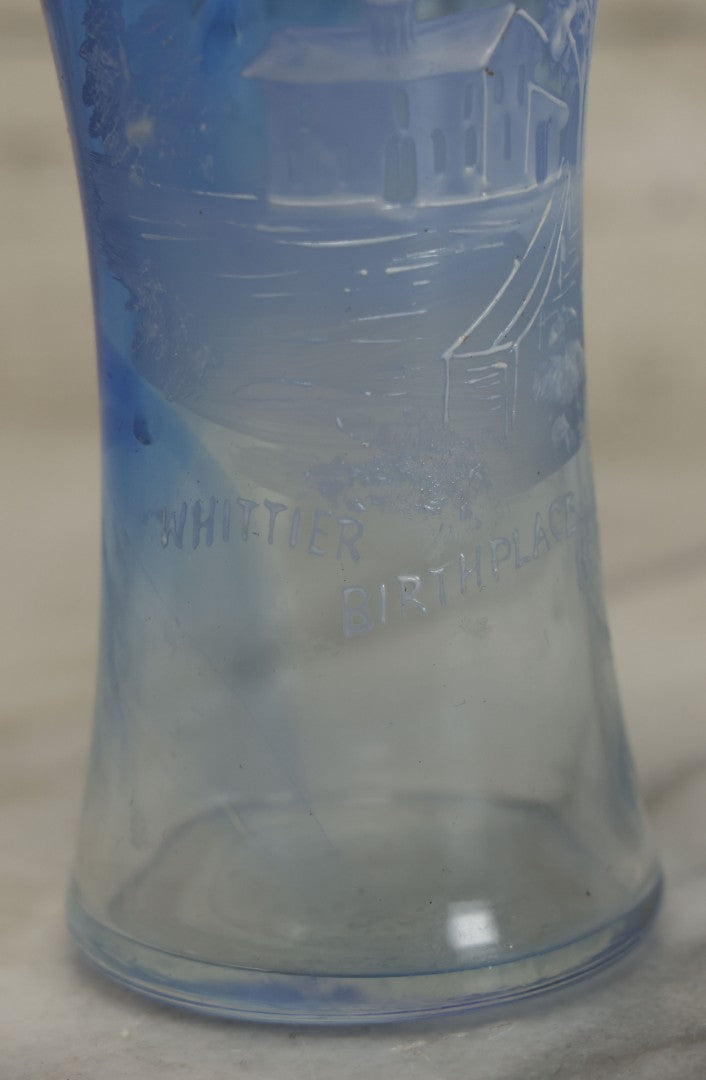 Lot 127 - Antique Mary Gregory Style Painted Blue Glass Drinking Cup, Souvenir Of Haverhill, Massachusetts, Birthplace Of John Greenleaf Whittier