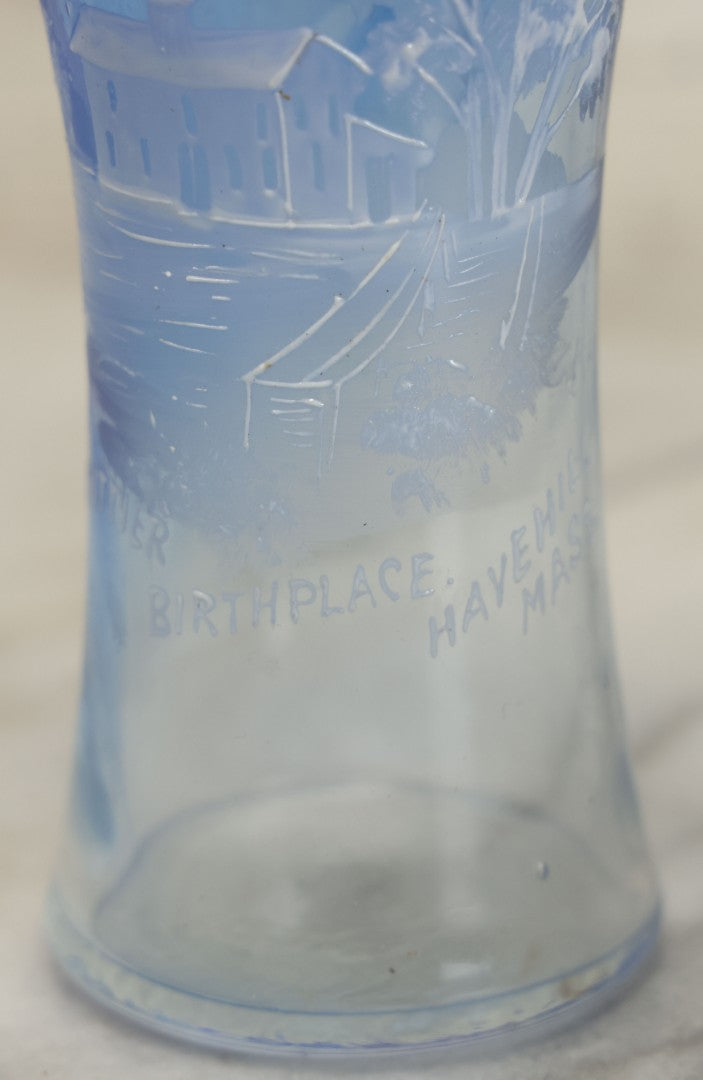 Lot 127 - Antique Mary Gregory Style Painted Blue Glass Drinking Cup, Souvenir Of Haverhill, Massachusetts, Birthplace Of John Greenleaf Whittier