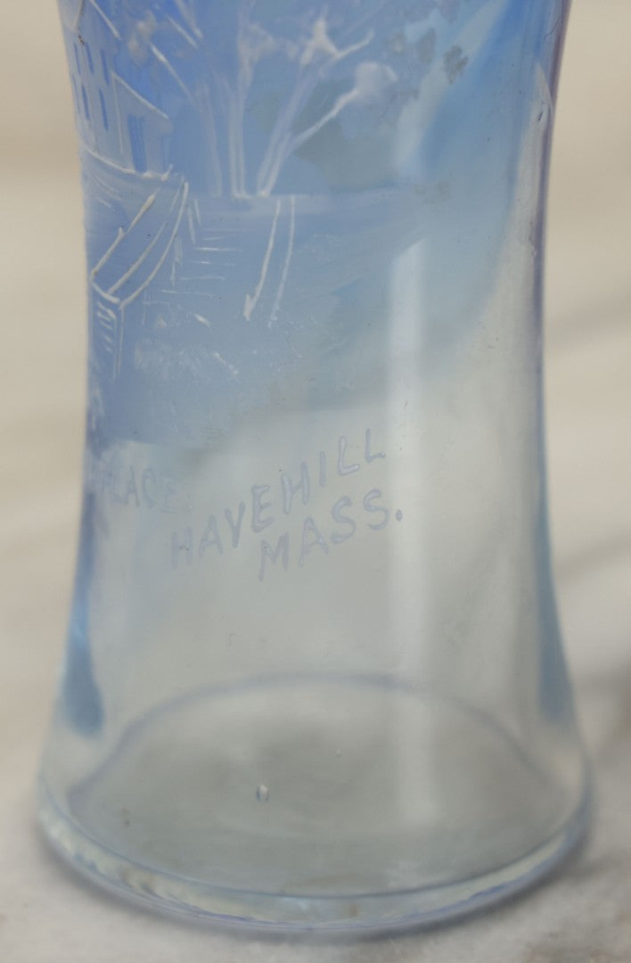 Lot 127 - Antique Mary Gregory Style Painted Blue Glass Drinking Cup, Souvenir Of Haverhill, Massachusetts, Birthplace Of John Greenleaf Whittier