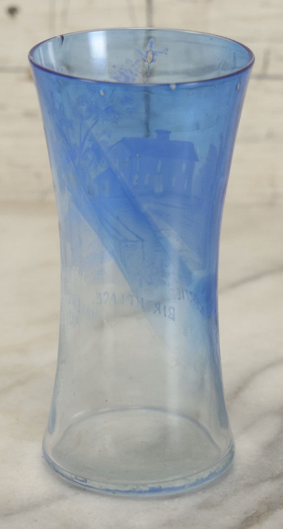 Lot 127 - Antique Mary Gregory Style Painted Blue Glass Drinking Cup, Souvenir Of Haverhill, Massachusetts, Birthplace Of John Greenleaf Whittier