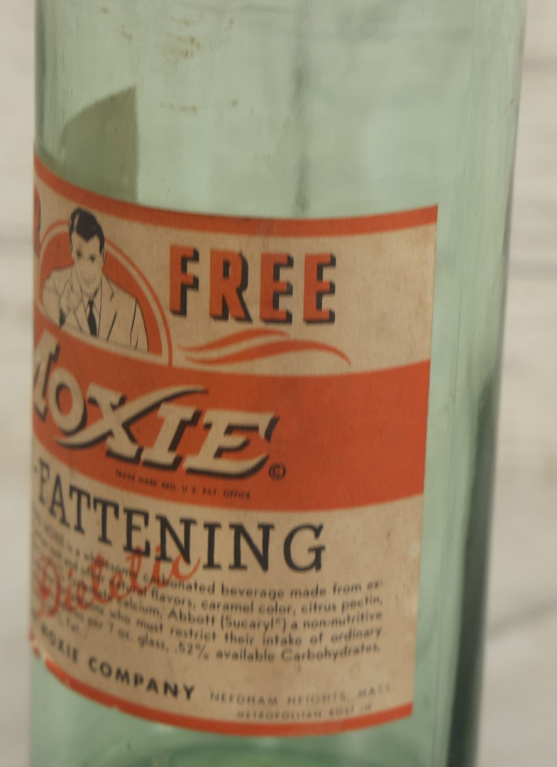 Lot 129 - Vintage Sugar Free Moxie Non-Fattening Dietic Tonic Soda Bottle With Original Paper Label, Bottled By The Moxie Company, Needham Heights, Massachusetts
