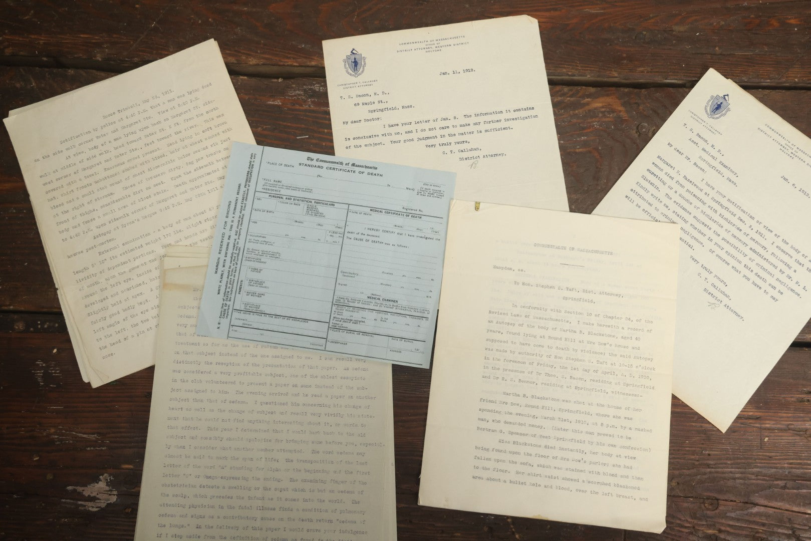 Lot 002 - Grouping Of Typed Ephemera Medical Examiner Documents From Commonwealth Of Massachusetts Circa 1911-1912, Relating To Death Investigations, Autopsies And More, And Blank Certificate Of Death