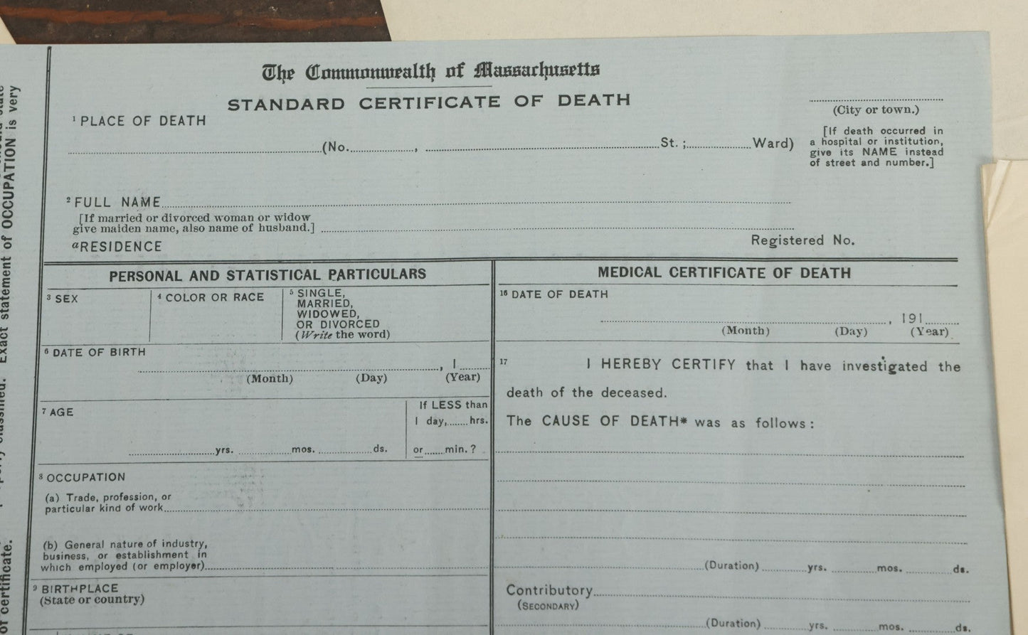Lot 002 - Grouping Of Typed Ephemera Medical Examiner Documents From Commonwealth Of Massachusetts Circa 1911-1912, Relating To Death Investigations, Autopsies And More, And Blank Certificate Of Death