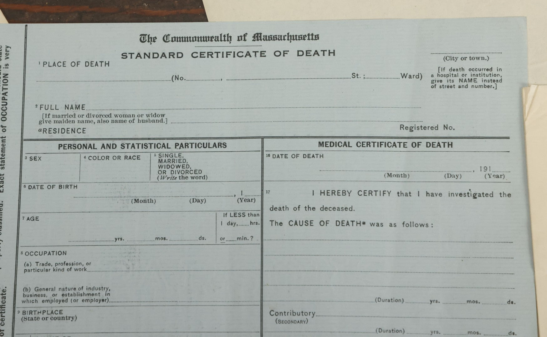 Lot 002 - Grouping Of Typed Ephemera Medical Examiner Documents From Commonwealth Of Massachusetts Circa 1911-1912, Relating To Death Investigations, Autopsies And More, And Blank Certificate Of Death