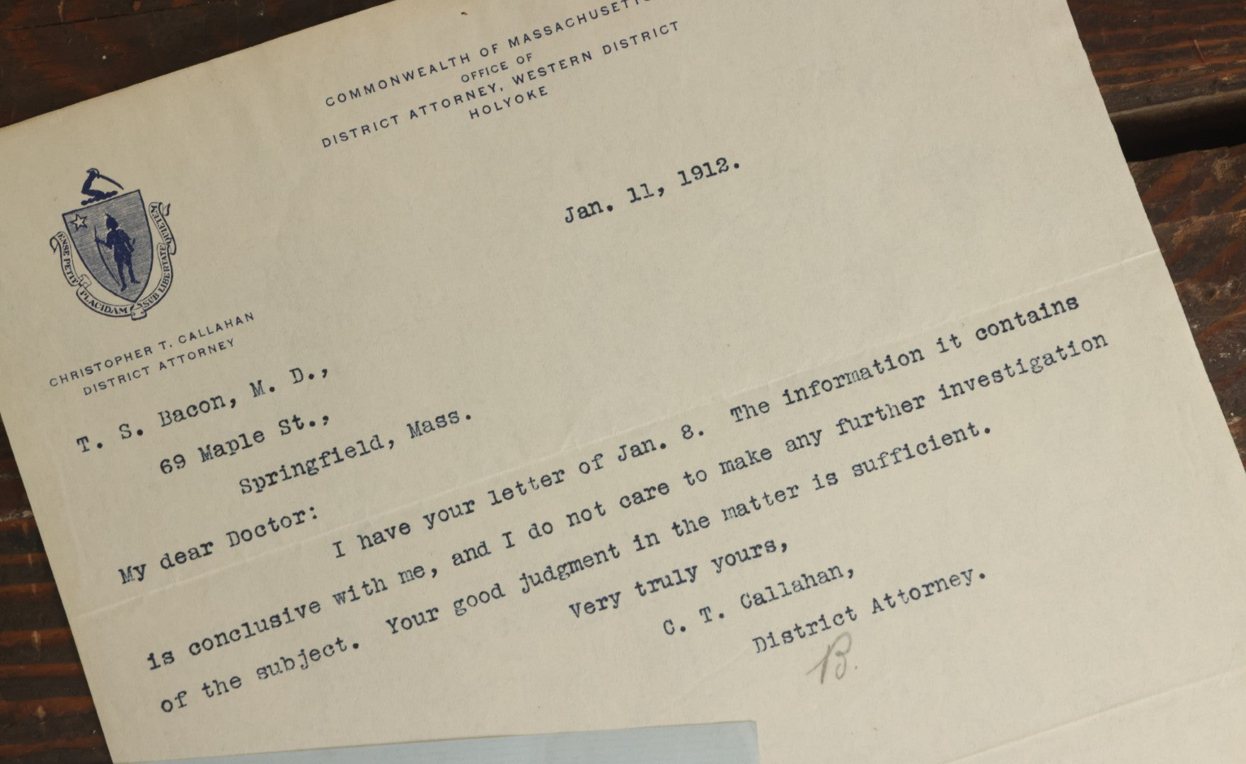 Lot 002 - Grouping Of Typed Ephemera Medical Examiner Documents From Commonwealth Of Massachusetts Circa 1911-1912, Relating To Death Investigations, Autopsies And More, And Blank Certificate Of Death