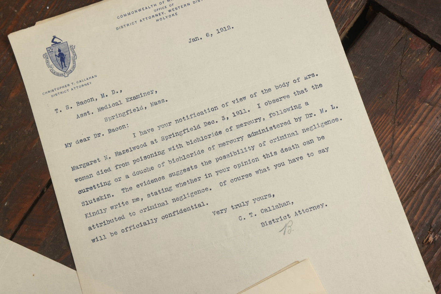Lot 002 - Grouping Of Typed Ephemera Medical Examiner Documents From Commonwealth Of Massachusetts Circa 1911-1912, Relating To Death Investigations, Autopsies And More, And Blank Certificate Of Death