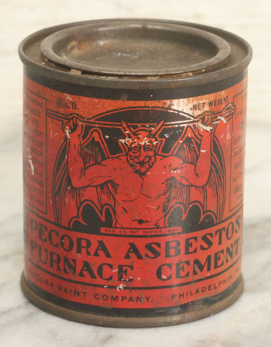 Lot 007 - Antique Pecora Asbestos Furniture Cement Tin Lithograph Devil Can, With Contents, Pecora Paint Company, Philadelphia, Pennsylvania