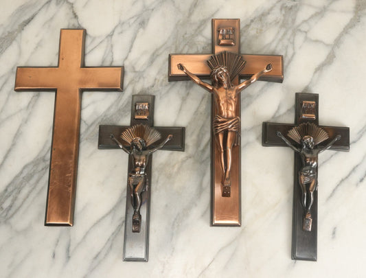Lot 008 - Grouping Of Four Vintage Metal Funeral Casket Crucifixes Including Three With Jesus And One Without