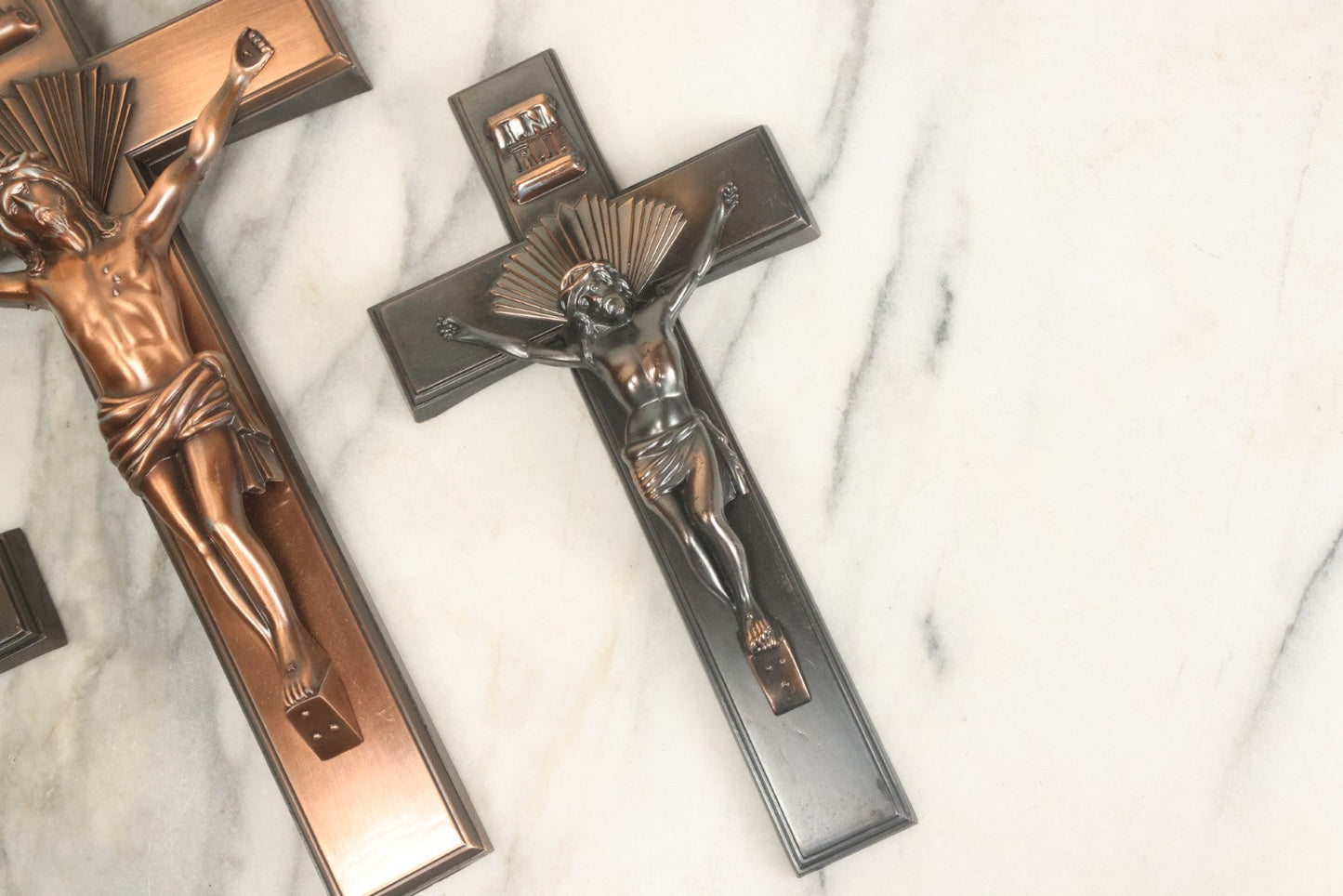 Lot 008 - Grouping Of Four Vintage Metal Funeral Casket Crucifixes Including Three With Jesus And One Without