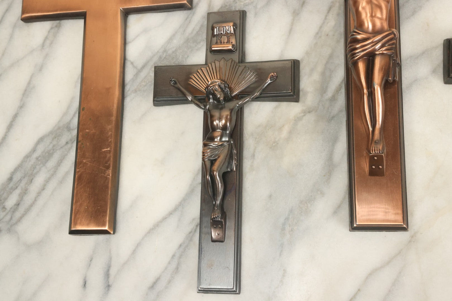 Lot 008 - Grouping Of Four Vintage Metal Funeral Casket Crucifixes Including Three With Jesus And One Without