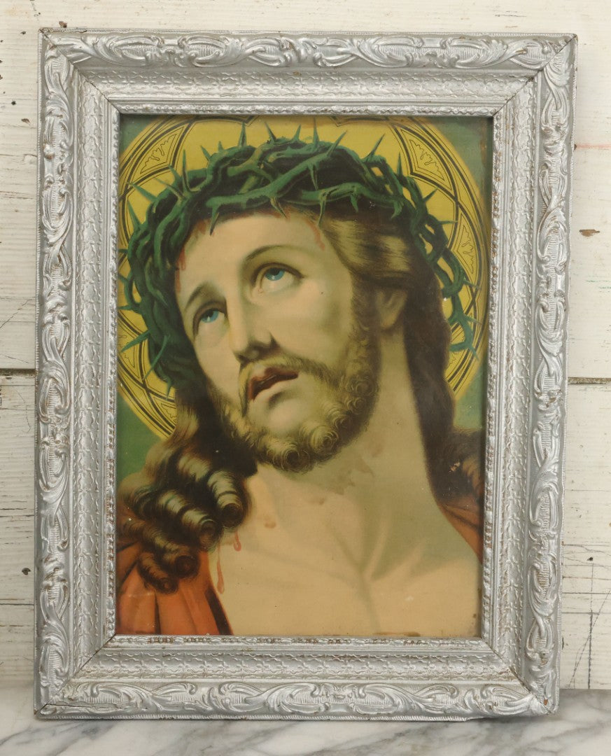 Lot 009 - Antique Chromolithograph Print Of Jesus Christ In Silver Painted Wooden Frame