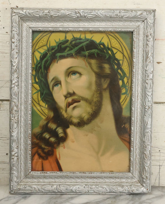 Lot 009 - Antique Chromolithograph Print Of Jesus Christ In Silver Painted Wooden Frame