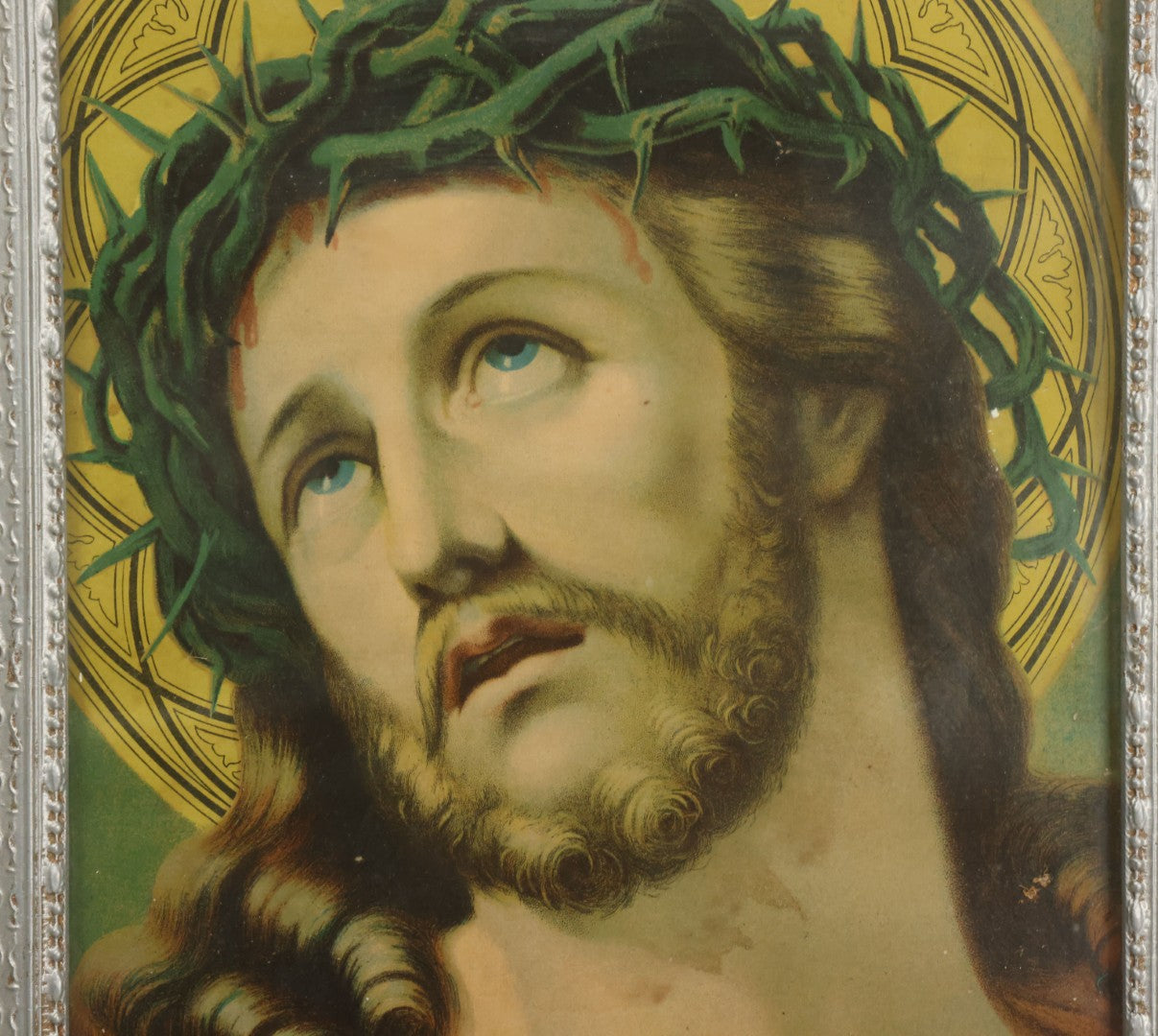 Lot 009 - Antique Chromolithograph Print Of Jesus Christ In Silver Painted Wooden Frame