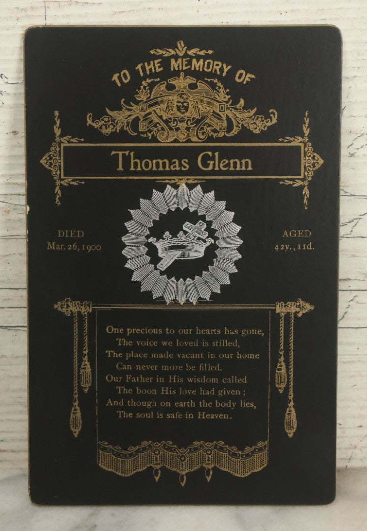 Lot 012 - Antique Memorial Funeral Cabinet Card For Thomas Glenn, Died March 26, 1900, Aged 42 Years