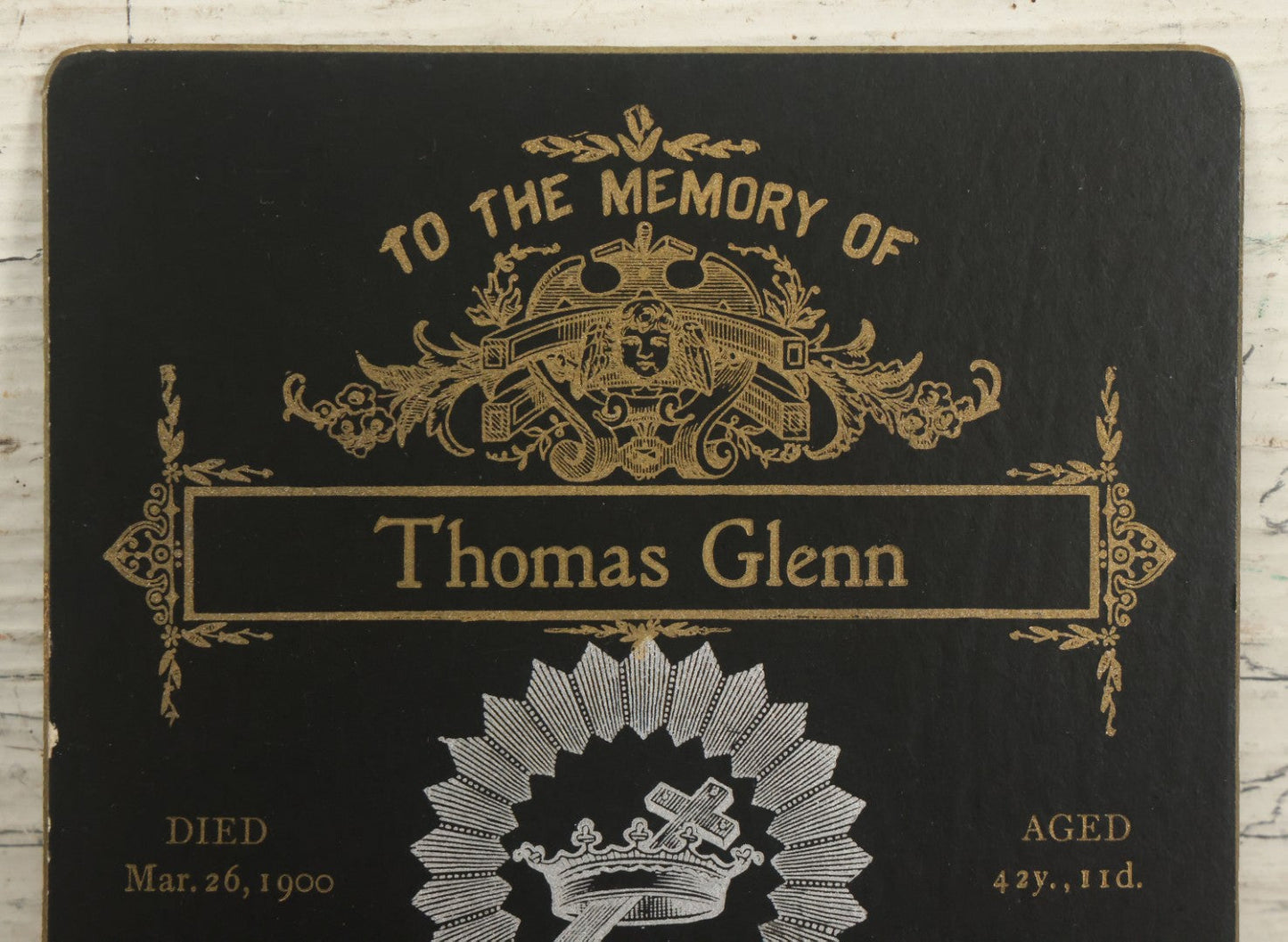 Lot 012 - Antique Memorial Funeral Cabinet Card For Thomas Glenn, Died March 26, 1900, Aged 42 Years