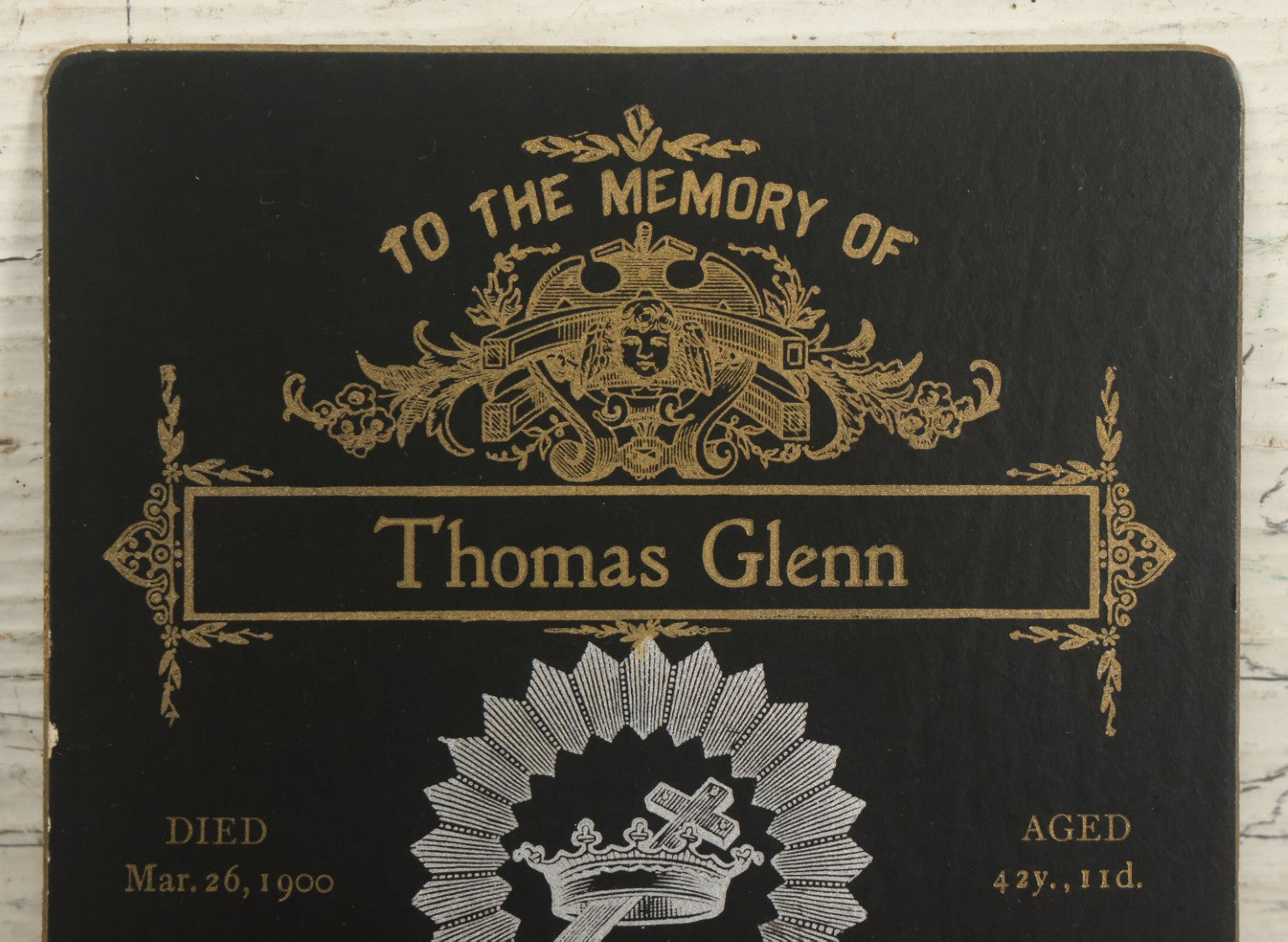 Lot 012 - Antique Memorial Funeral Cabinet Card For Thomas Glenn, Died March 26, 1900, Aged 42 Years