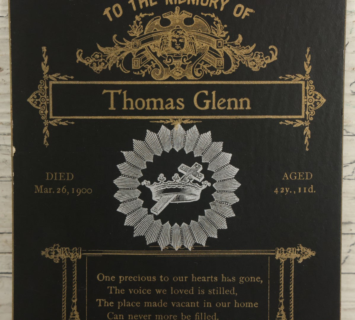 Lot 012 - Antique Memorial Funeral Cabinet Card For Thomas Glenn, Died March 26, 1900, Aged 42 Years