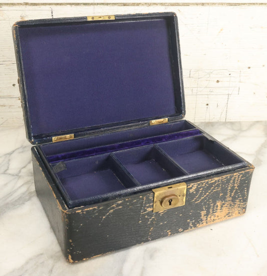 Lot 013 - Antique Leather Covered Black Jewelry Box With Purple Interior And Lift-Top Tray With Ring Holder